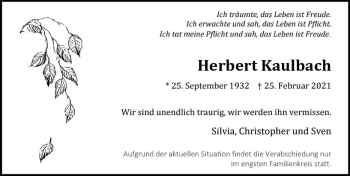 Traueranzeige von Herbert Kaulbach von vrm-trauer