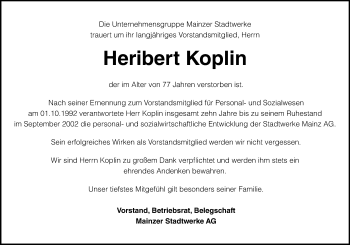 Traueranzeige von Heribert Koplin von vrm-trauer