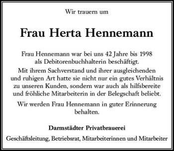 Traueranzeige von Herta Hennemann von vrm-trauer