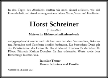 Traueranzeige von Horst Schreiner von vrm-trauer