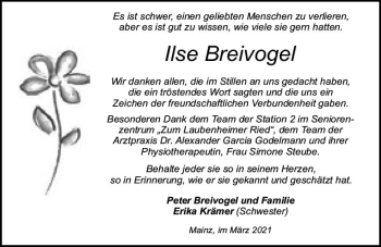 Traueranzeige von Ilse Breivogel von vrm-trauer