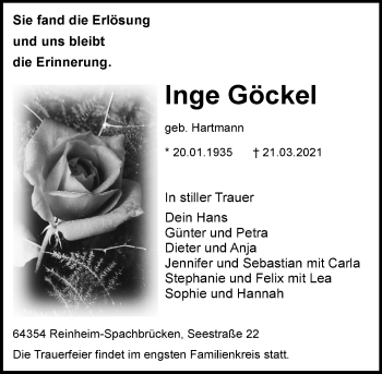 Traueranzeige von Inge Göckel von vrm-trauer