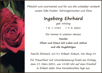 Traueranzeige von Ingeborg Ehrhard von vrm-trauer