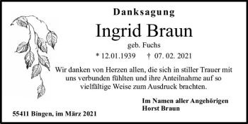 Traueranzeige von Ingrid Braun von vrm-trauer