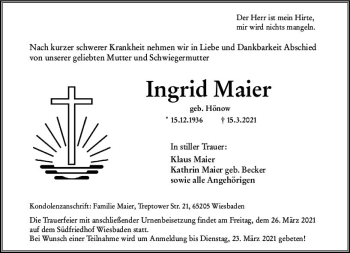Traueranzeige von Ingrid Maier von vrm-trauer