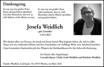 Traueranzeige von Josefa Weidlich von vrm-trauer