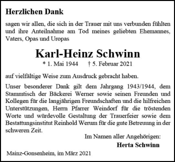 Traueranzeige von Karl-Heinz Schwinn von vrm-trauer