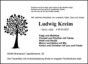 Traueranzeige von Ludwig Kreim von vrm-trauer