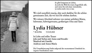 Traueranzeige von Lydia Hübner von vrm-trauer