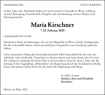 Traueranzeige von Maria Kirschner von vrm-trauer