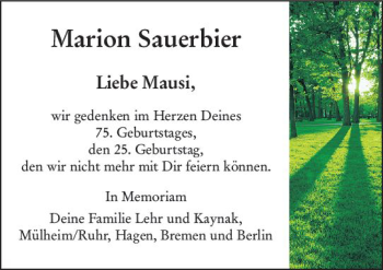Traueranzeige von Marion Sauerbier von vrm-trauer