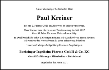 Traueranzeige von Paul Kreiner von vrm-trauer