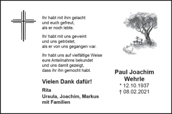 Traueranzeige von Paul Joachim Wehrle von vrm-trauer