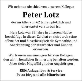 Traueranzeige von Peter Lotz von vrm-trauer
