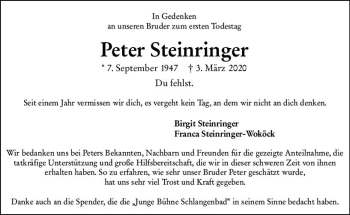 Traueranzeige von Peter Steinringer von vrm-trauer