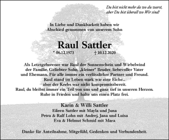 Traueranzeige von Raul Sattler von vrm-trauer