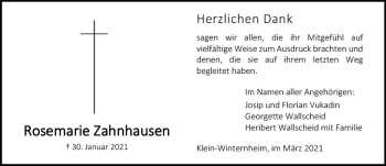 Traueranzeige von Rosemarie Zahnhausen von vrm-trauer