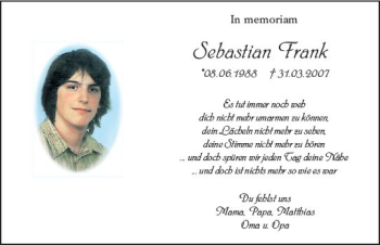 Traueranzeige von Sebastian Frank von vrm-trauer