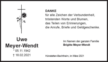 Traueranzeige von Uwe Meyer-Wendt von vrm-trauer
