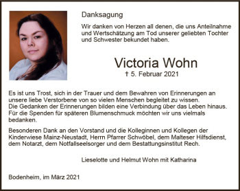 Traueranzeige von Victoria Wohn von vrm-trauer