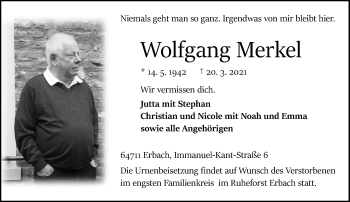 Traueranzeige von Wolfgang Merkel von vrm-trauer