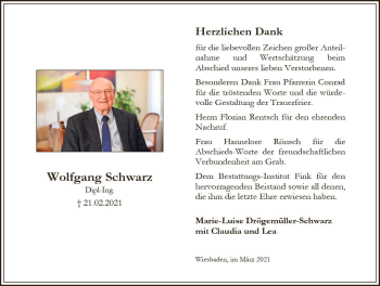 Traueranzeige von Wolfgang Schwarz von vrm-trauer