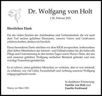 Traueranzeige von Wolfgang von Holt von vrm-trauer