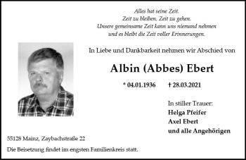 Traueranzeige von Allbin  Ebert von vrm-trauer