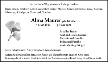 Traueranzeige von Alma Mauerer von vrm-trauer