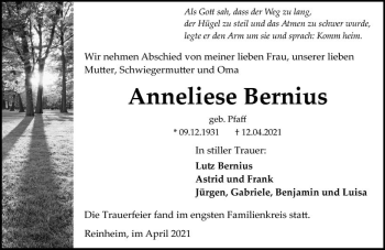 Traueranzeige von Anneliese Bernius von vrm-trauer