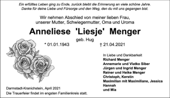 Traueranzeige von Anneliese Menger von vrm-trauer