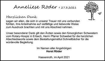 Traueranzeige von Anneliese Röder von vrm-trauer