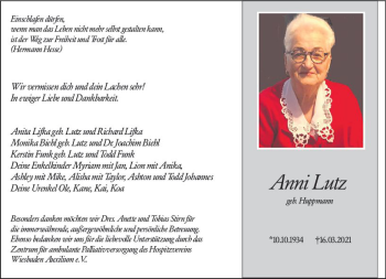 Traueranzeige von Anni Lutz von vrm-trauer