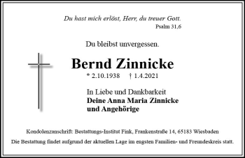 Traueranzeige von Bernd Zinnicke von vrm-trauer