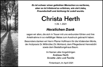 Traueranzeige von Christa Herth von vrm-trauer