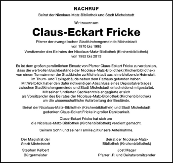 Traueranzeige von Claus-Eckart Fricke von vrm-trauer