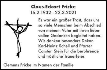 Traueranzeige von Claus-Eckart Fricke von vrm-trauer