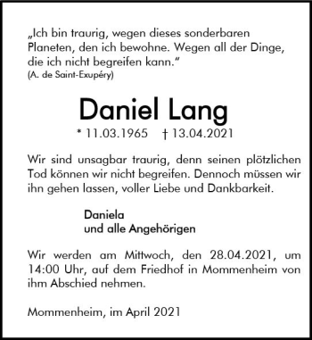 Traueranzeige von Daniel Lang von vrm-trauer