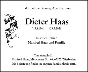 Traueranzeige von Dieter Haas von vrm-trauer