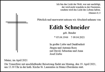 Traueranzeige von Edith Schneider von vrm-trauer