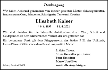 Traueranzeige von Elisabeth Kaiser von vrm-trauer