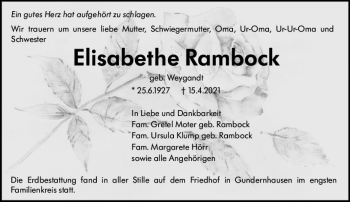 Traueranzeige von Elisabethe Rambock von vrm-trauer