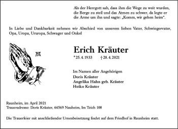 Traueranzeige von Erich Kräuter von vrm-trauer