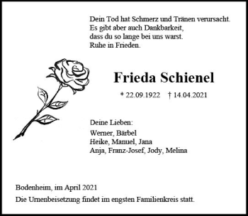 Traueranzeige von Frieda Schienel von vrm-trauer