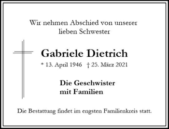 Traueranzeige von Gabriele Dietrich von vrm-trauer