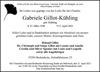 Traueranzeige von Gabriele Gillot-Kühling von vrm-trauer
