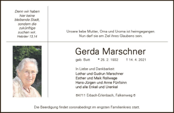 Traueranzeige von Gerda Marschner von vrm-trauer