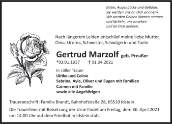 Traueranzeige von Gertrud Marzolf von vrm-trauer