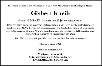 Traueranzeige von Gisbert Kneib von vrm-trauer
