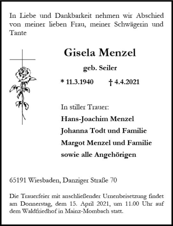 Traueranzeige von Gisela Menzel von vrm-trauer